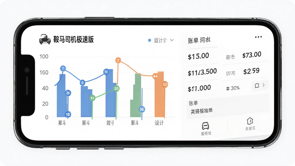 画面展示手机屏幕上的收入统计图表和账单列表,图表有柱状图和数字金额,旁边有“鞍马司机极速版”标识,布局为上下结构,风格为商务简洁,细节上突出数字清晰和图表颜色区分,画质高清,干净,无多余元素