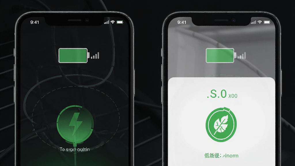 一部手机在充电状态下显示鞍马司机极速版运行界面,旁边有电池图标和信号图标,背景为深色,主体突出手机和低耗提示,布局为左右对比,风格为极简科技,细节上强调绿色节能标识,画质清晰,干净,无多余元素