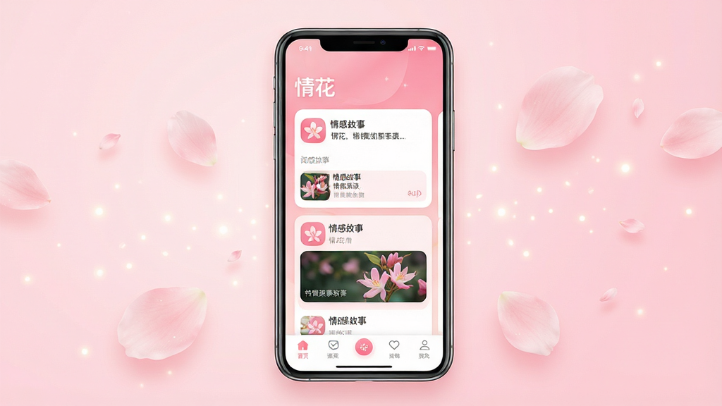 一张手机应用展示图,主体是一部竖屏智能手机,屏幕上显示“情花”应用的主界面,界面包含情感故事卡片、底部导航栏和柔和粉色渐变背景,布局为居中放置手机,四周环绕淡粉色花瓣和细碎光点,排版简洁干净,风格为现代扁平化UI展示,细节包括圆角图标、文字“情花”、阅读卡片缩略图,画质高清,干净,无多余元素