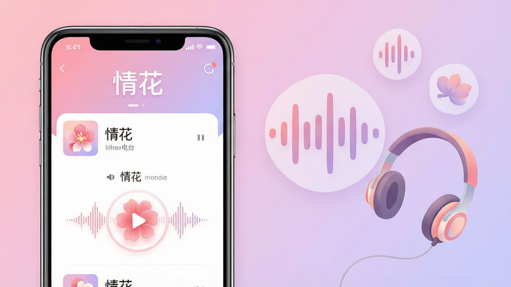 一张AI生成的应用功能介绍图,主体是手机屏幕中显示“情花”语音电台界面,布局为左侧手机展示电台列表,右侧漂浮声波图标和耳机元素,排版采用左右分栏,风格为柔和插画风,细节包括“情花”文字标识、播放按钮、声波纹理、粉色与浅紫色渐变背景,画质高清,干净,无多余元素