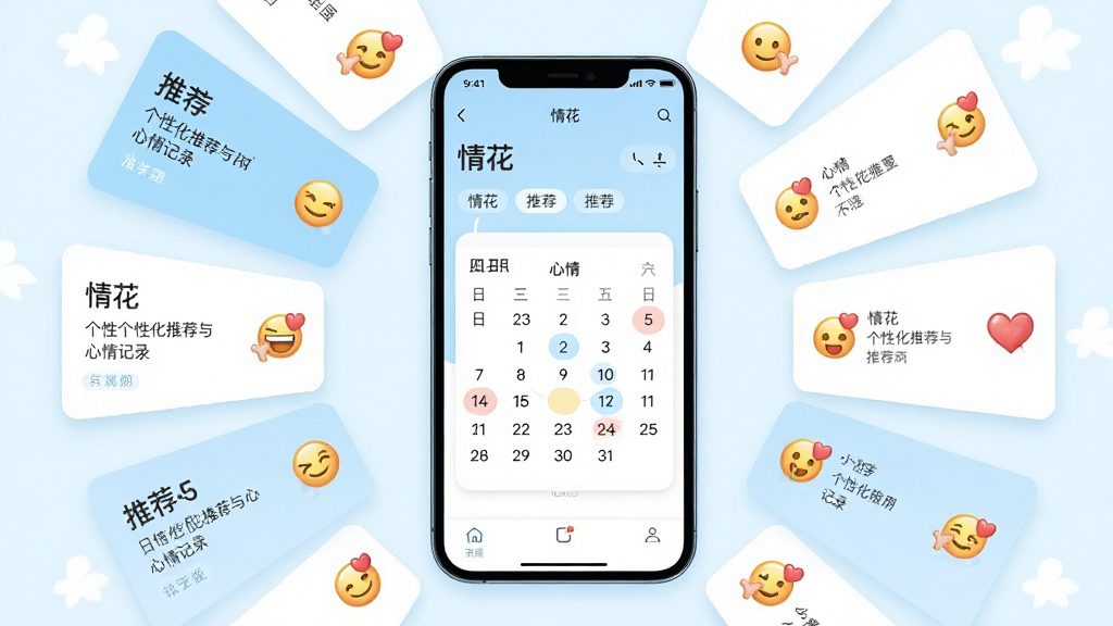 一张AI生成的应用功能展示图,主体是手机屏幕中显示“情花”个性化推荐与心情记录界面,布局为手机居中,周围环绕推荐卡片和心情表情图标,排版为放射状围绕,风格为清新简约风,细节包括“情花”应用名称、推荐标签、日历心情标记、浅蓝色与白色背景,画质高清,干净,无多余元素