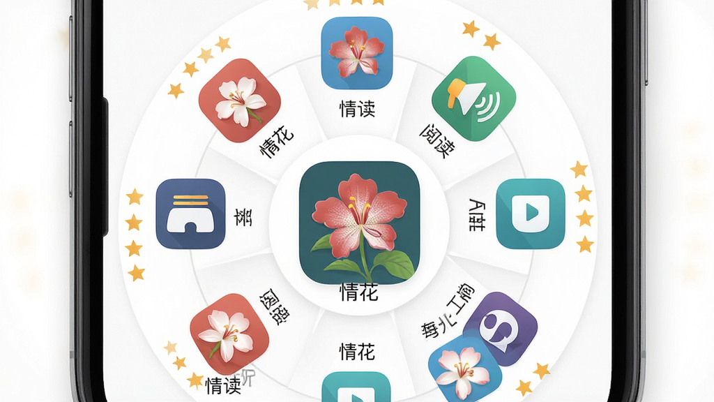 一张AI生成的应用推荐对比图,主体是手机屏幕中显示“情花”与多款同类应用图标并列展示,布局为手机居中,图标呈环形排列,排版采用中心辐射式,风格为清爽扁平化,细节包括“情花”名称、阅读类图标、音频类图标、评分星级,画质高清,干净,无多余元素