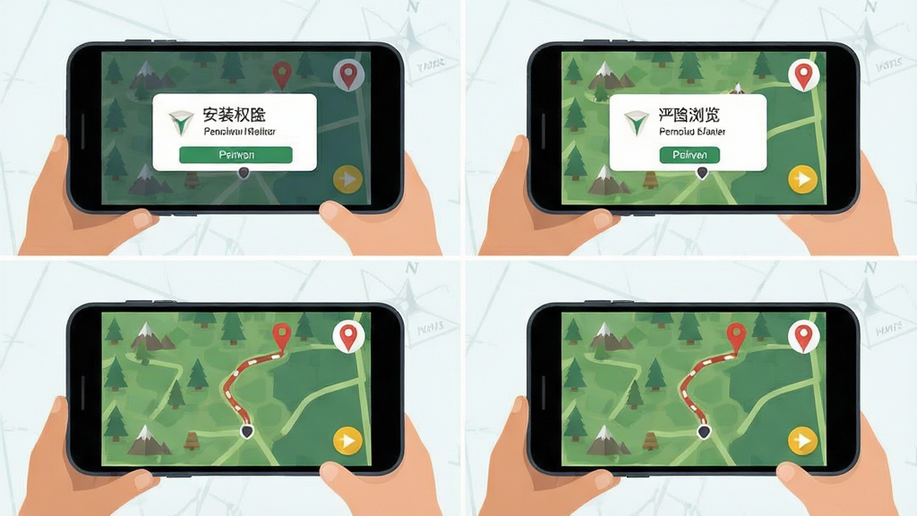 探险者地图使用教程步骤图解,主体为手机屏幕分步展示安装权限授予与地图浏览,布局四格分镜排列,排版清晰有序,风格扁平化教学插图,细节包含权限弹窗地图界面轨迹按钮和标记图标,画质高清干净无多余元素