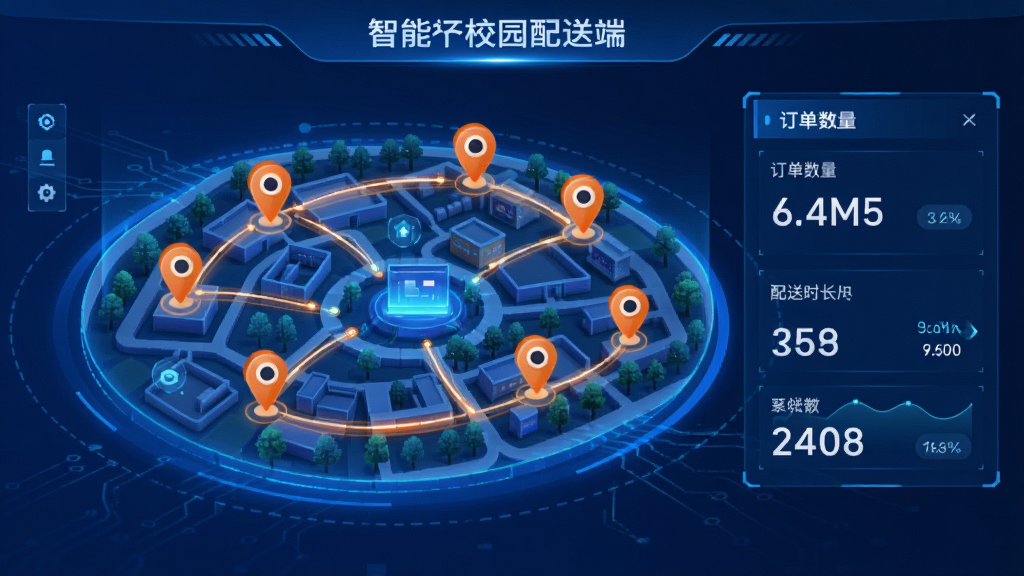 橙子校园配送端智能订单调度功能展示图,画面以蓝色科技感为基调,中央是一个发光的校园地图,地图上分布着多个橙色定位图标代表订单,连接线表示最优配送路径,旁边有数据面板显示订单数量与配送时长,整体风格现代简洁,画质清晰干净