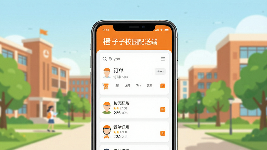 橙子校园配送端软件主界面预览图,画面中央展示一部智能手机,手机屏幕内呈现橙子校园配送端的订单列表页面,顶部有醒目的橙子校园配送端文字标识,背景为明亮的校园场景,包含教学楼与绿树,整体风格清新简洁,扁平化UI设计,画面干净无多余元素,高清画质