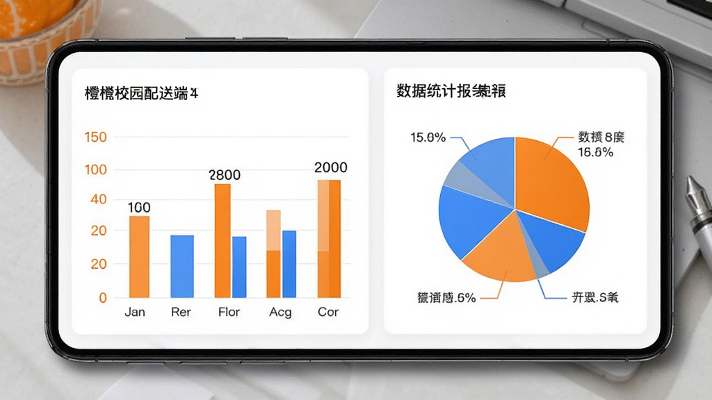 橙子校园配送端数据统计报表界面图,画面展示手机屏幕上的柱状图与饼状图,图表颜色以橙色和蓝色为主,数据标签清晰,背景为白色卡片式布局,整体风格商务简洁,画质锐利干净