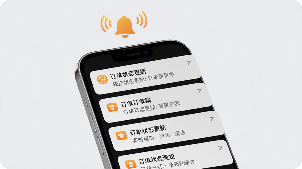 橙子校园配送端实时消息通知功能展示图,画面中一部手机屏幕弹出多条通知卡片,通知内容包含订单状态更新文字,手机上方有铃铛图标和信号波纹,背景为浅灰色,整体风格清爽直观,画质高清,无多余装饰元素
