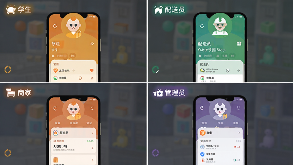 橙子校园配送端多角色权限管理示意图,画面分为四个象限,分别展示学生、配送员、商家、管理员四种角色的手机界面,每个界面用不同颜色区分,角色图标清晰可见,整体布局规整,扁平化设计风格,画质干净无杂质