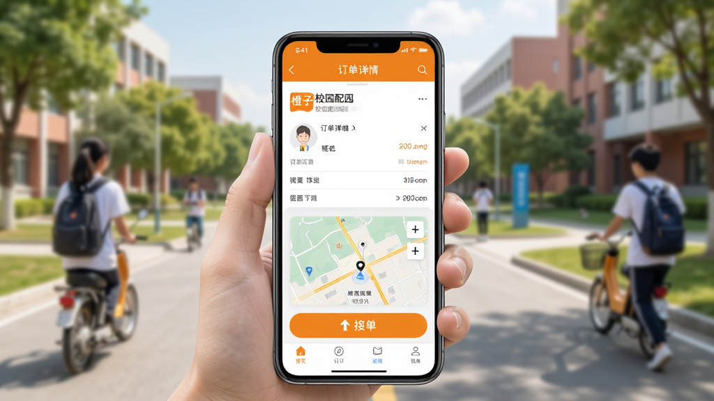 橙子校园配送端移动端使用操作示意图,画面展示一只手握持手机,屏幕上显示橙子校园配送端的订单详情页面,页面中有明显的接单按钮和地图导航区域,背景为校园道路场景,风格写实清晰,画质明亮干净