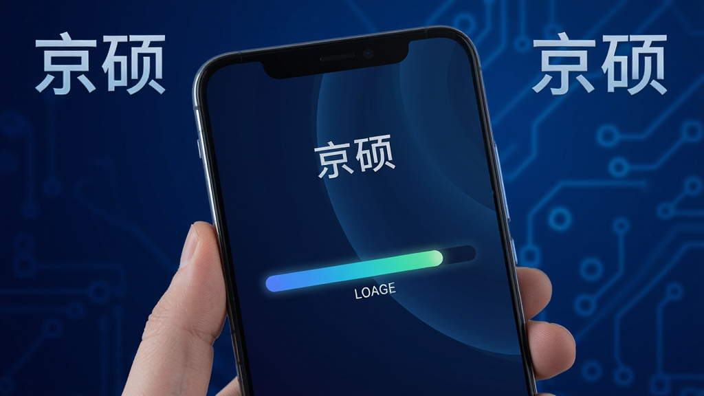 一部安卓手机展示京硕应用运行流畅的界面,屏幕上显示加载进度条快速完成,画面风格科技感十足,背景为深蓝色渐变,带有“京硕”字样,整体画质清晰,无多余装饰