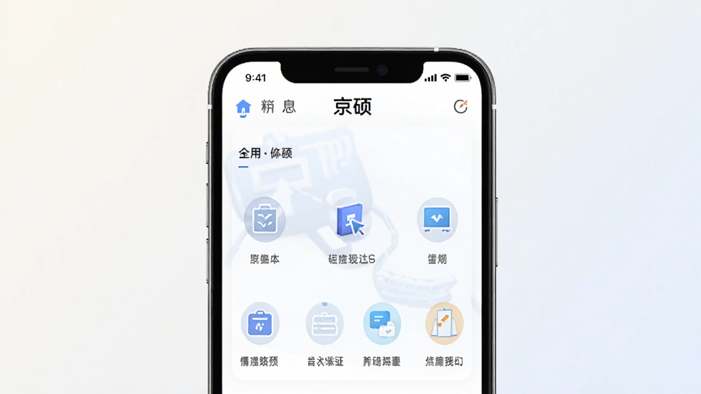 一张展示京硕应用主界面的手机样机图,画面中央是一部现代智能手机,屏幕上显示京硕APP的首页界面,包含清晰的导航栏和功能图标,背景为干净的浅色渐变,整体风格简约商务,画质清晰,无多余元素