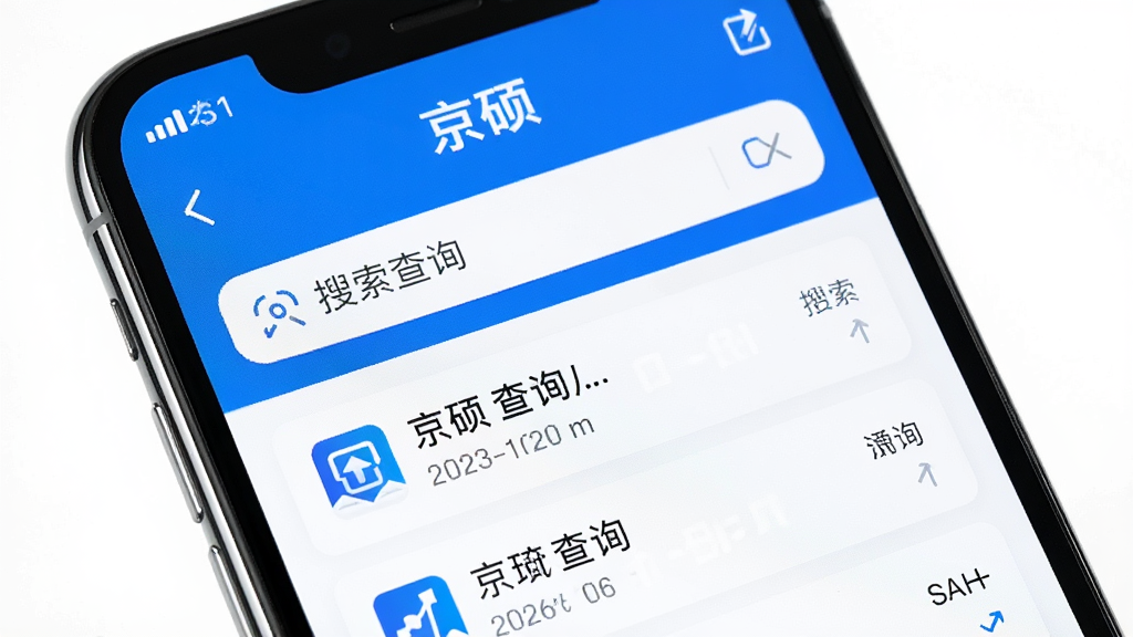 一部手机屏幕特写,展示京硕应用内的信息查询界面,搜索框醒目,下方列出多条清晰的查询结果,界面配色以蓝白为主,风格干净利落,画面中带有“京硕”文字标识,整体画质高清,无杂乱元素