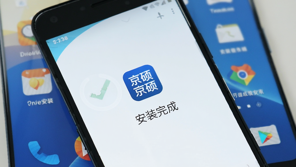 一部安卓手机展示京硕应用安装成功的界面,屏幕显示“安装完成”提示,背景为手机桌面,画面风格简洁明快,带有“京硕”图标,画质清晰,无多余元素