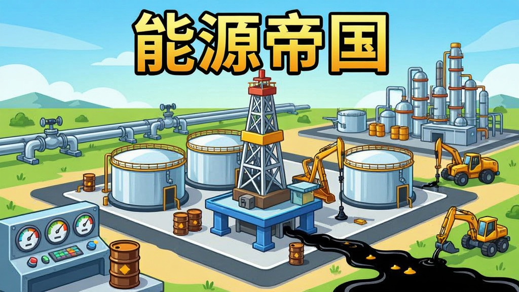 画面中央展示一座现代化石油开采基地,高耸的钻井塔与储油罐整齐排列,远处是繁忙的运输管道与精炼工厂,整体布局层次分明,采用明亮鲜艳的卡通风格,细节包括仪表盘、油桶、工程车辆与流动的原油,画质清晰干净,无多余元素,图片上方用醒目文字写着“能源帝国”