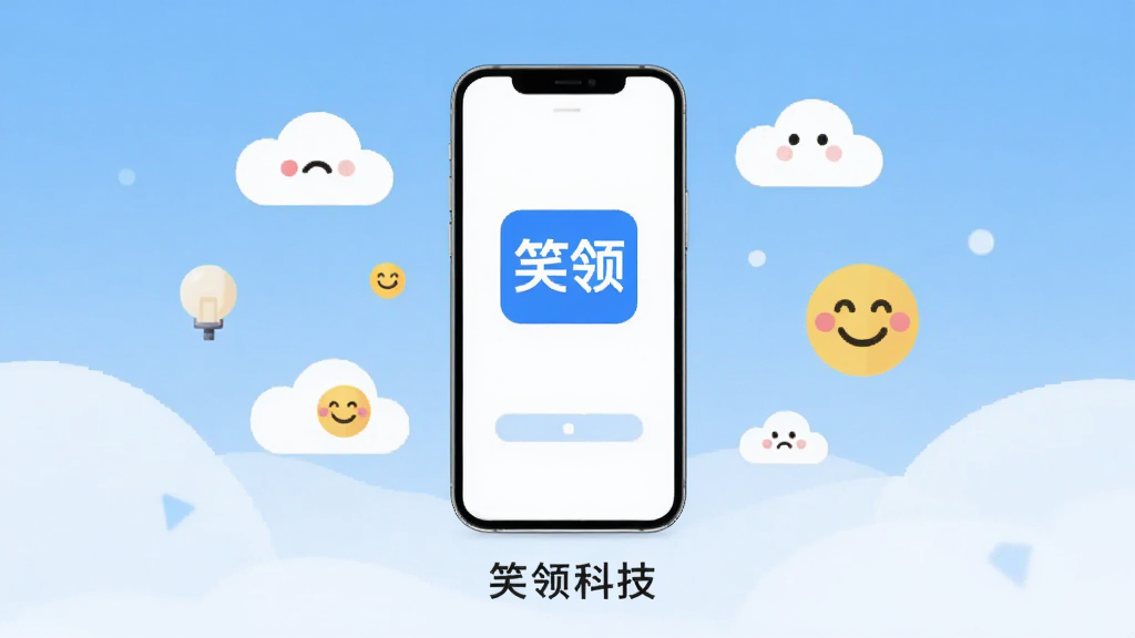 画面中央一部智能手机,屏幕上显示“笑领”APP的启动界面,界面简洁,以蓝白配色为主,周围环绕着云朵和微笑表情的扁平化图标,背景是柔和的渐变浅蓝色,手机下方有“笑领科技”字样。整体风格清新科技感,布局居中对称,画质干净高清,无多余元素。