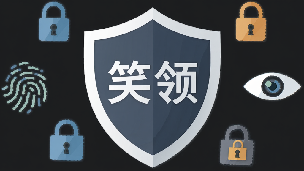 画面中央是一个盾牌图标,盾牌表面有“笑领”字样,盾牌周围环绕着锁、指纹、眼睛等安全相关的扁平化小图标,背景为深灰色,风格稳重安全,布局居中,画质高清,无多余元素。