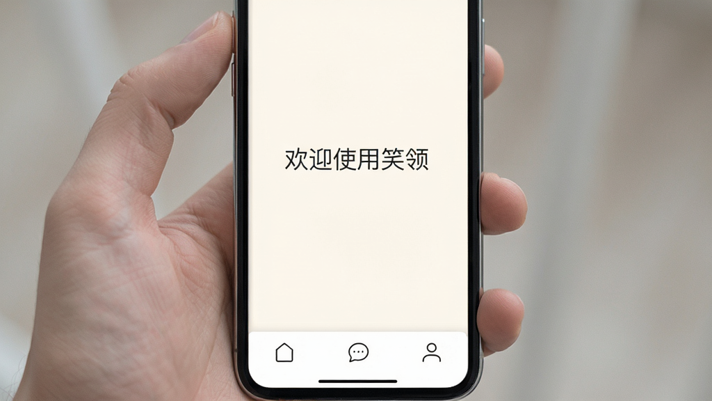 手机界面展示“笑领”APP的主页,底部有三个简洁的导航图标,页面中央有“欢迎使用笑领”的问候语,背景为柔和的米白色,图标线条纤细,风格极简素雅,布局留白充足,画质干净,无多余元素。