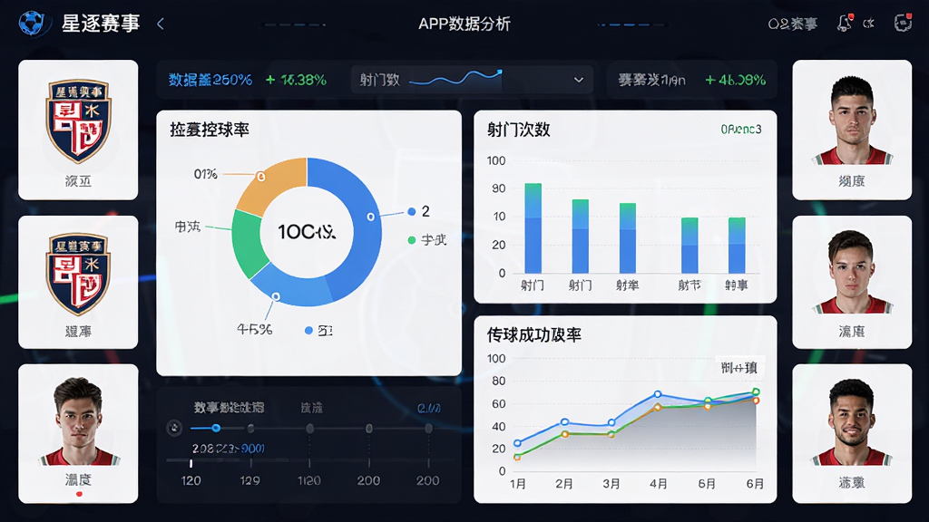「星逐赛事」APP数据分析界面,画面中央展示足球比赛的数据统计图表,包括控球率圆形图、射门次数柱状图、传球成功率折线图等,周围环绕着球队徽章和球员头像,布局为仪表盘式排版,风格为专业体育数据可视化,细节包括动态数据刷新效果和赛事时间轴,画质高清干净,无多余元素