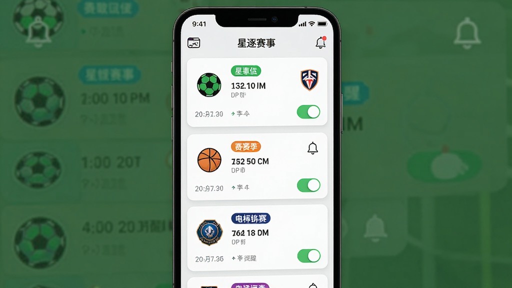 「星逐赛事」APP个性化订阅界面,画面中手机屏幕显示多个体育赛事订阅卡片,包括足球联赛、篮球赛季和电竞锦标赛,每张卡片上有赛事时间、球队标志和提醒开关,布局为纵向卡片流排版,风格为清新简洁的移动端UI设计,细节包括彩色标签分类和通知铃铛图标,画质清晰干净,无多余元素