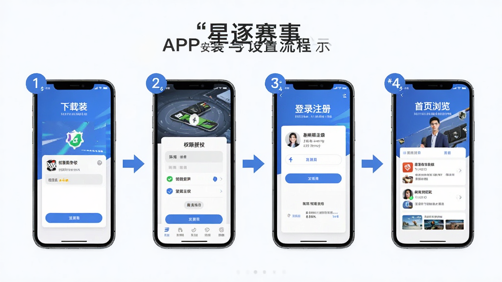 「星逐赛事」APP安装与设置流程示意图,画面中手机屏幕依次展示下载安装、权限授权、登录注册、首页浏览四个步骤的界面截图,布局为横向步骤流程图排版,风格为简洁明了的教程风,细节包括步骤编号和箭头引导,画质清晰干净,无多余元素