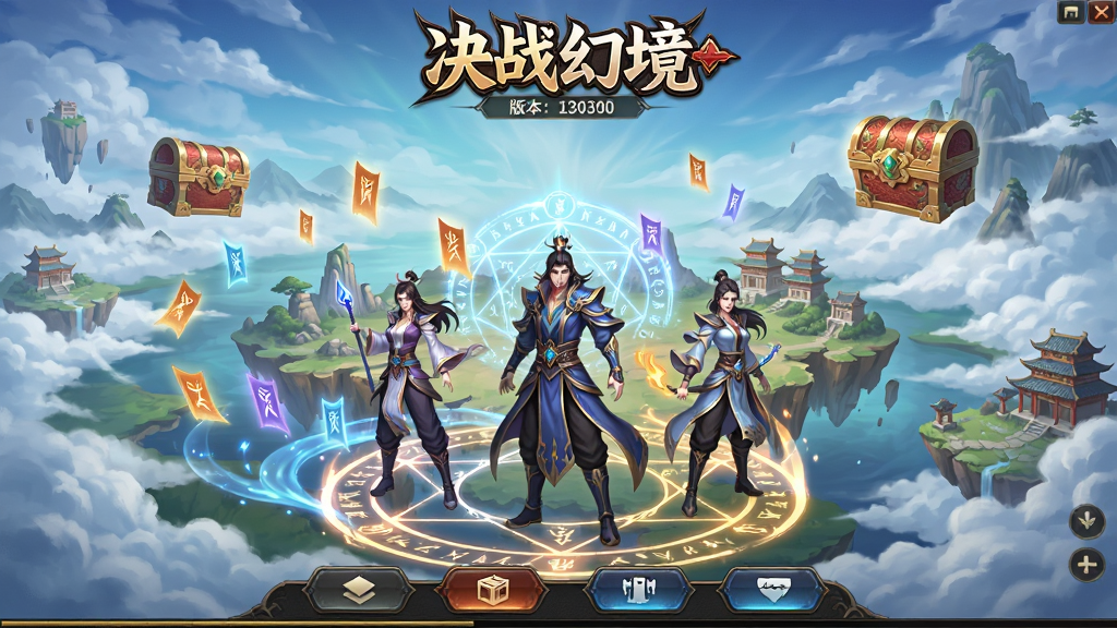 主体为决战幻境游戏主界面全景,布局采用中央对称构图,排版上顶部为游戏LOGO与版本号,中部为角色站立姿态与幻境大陆背景,底部为功能按钮栏,风格为东方玄幻数字艺术,细节包括飘浮的灵符、流光法阵、远处悬浮的至尊宝箱与云海山脉,画质高清,画面干净,无多余元素