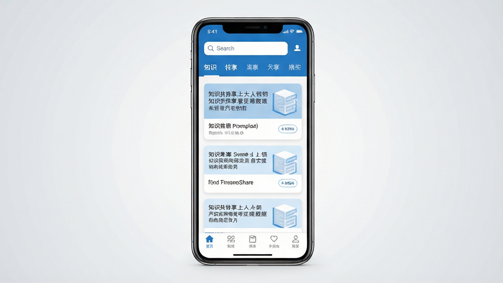 一张展示知识共享软件主界面的手机样机图,画面中央是一部现代智能手机,屏幕显示知识共享APP的首页布局,顶部有搜索栏和分类标签,中部是卡片式知识内容列表,底部为导航菜单栏,整体采用蓝白配色,风格简洁清新,细节清晰,画质干净,无多余元素,背景为淡灰色渐变,突出软件界面主体