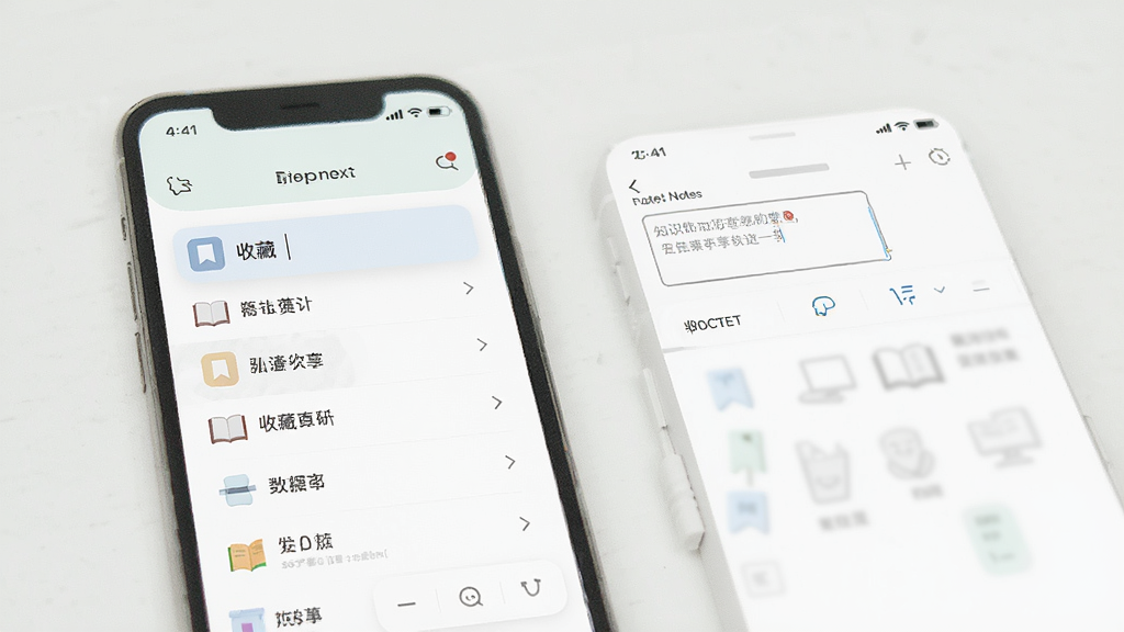 一张展示知识共享软件收藏与笔记功能的界面图,手机屏幕显示收藏列表和笔记编辑页面,界面中有书签图标和文本输入框,配色柔和,风格简约,背景干净,画质清晰,突出功能操作区域