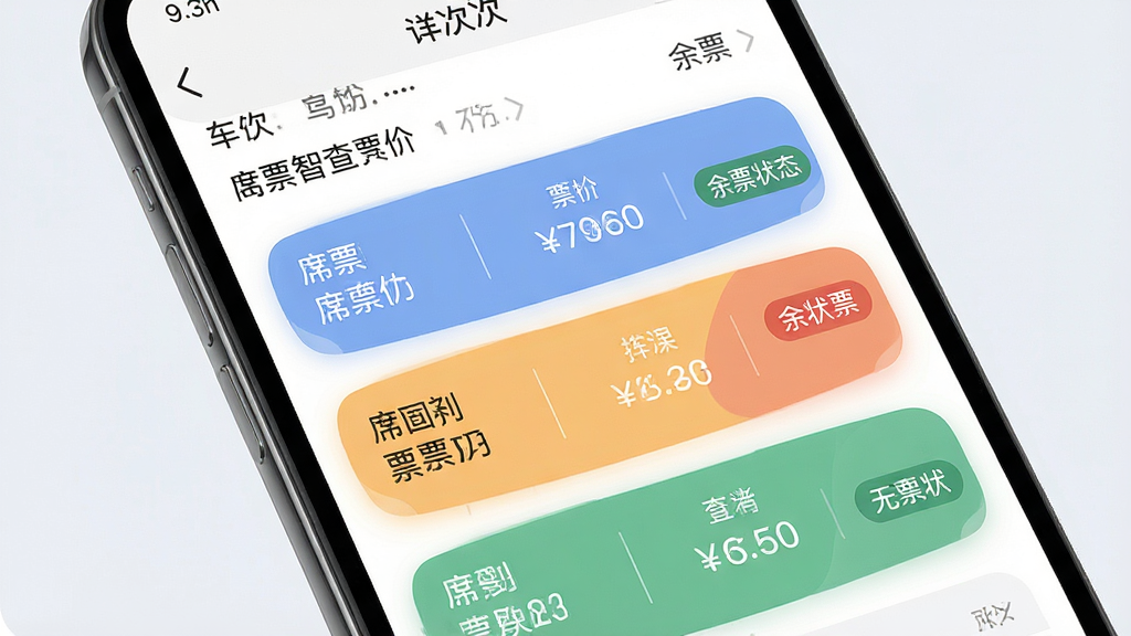 一张展示铁路高铁车票智查询票价与余票功能的界面图,画面为手机屏幕特写,屏幕内显示车次详情页,包含不同席别名称、对应票价数字以及余票状态标签,采用列表式排版,风格为柔和圆角设计,细节上体现颜色区分有票与无票状态,画质高清,干净,无多余元素