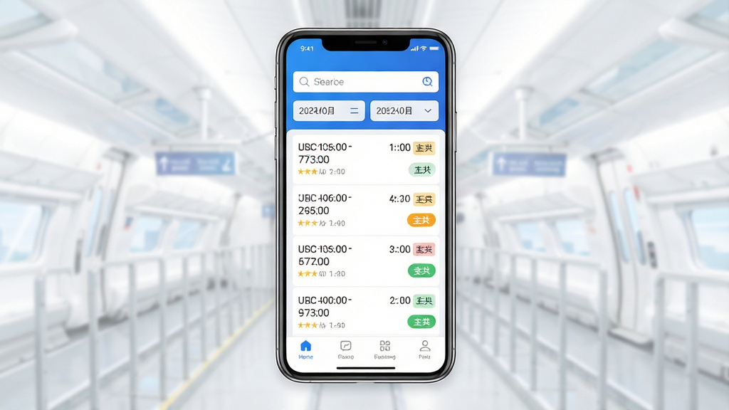 一张展示铁路高铁车票智查询软件主界面的手机UI效果图,画面中央是一部竖屏智能手机,屏幕内显示车票查询首页,顶部有搜索框和日期选择区域,中部展示车次列表与余票状态标签,底部有导航栏,整体布局清晰,排版整洁,风格为现代简约科技蓝,细节上体现车次、时间、座位类型等元素,画质高清,干净,无多余元素