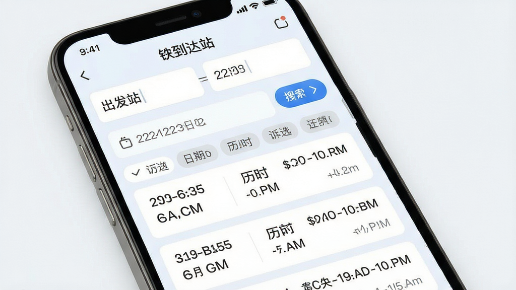 一张展示铁路高铁车票智查询车次检索功能的界面图,画面主体为手机屏幕,屏幕内显示出发站与到达站输入框、日期选择器以及下方排列整齐的车次列表,每个车次条目包含车次编号、发到时间、历时等信息,布局采用卡片式设计,排版层次分明,风格为清爽浅色系,细节上体现搜索按钮与筛选标签,画质清晰,干净,无多余元素