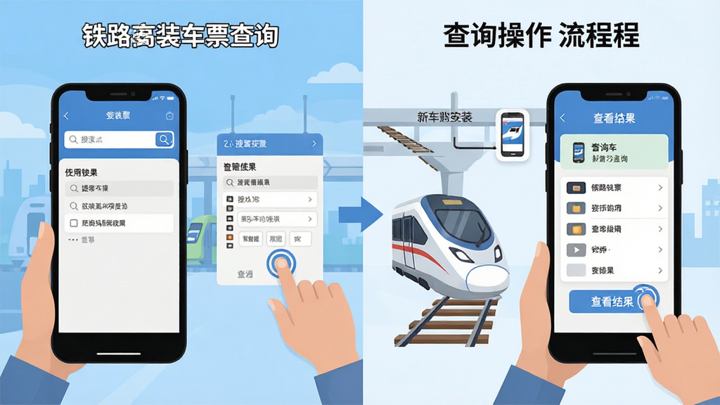 一张展示铁路高铁车票智查询安装与使用步骤的示意图,画面分为左右两部分,左侧为手机安装界面示意,右侧为查询操作流程示意,布局采用分步图解排版,风格为扁平化插画风,细节上体现搜索、点击、查看结果等动作,画质清晰,干净,无多余元素
