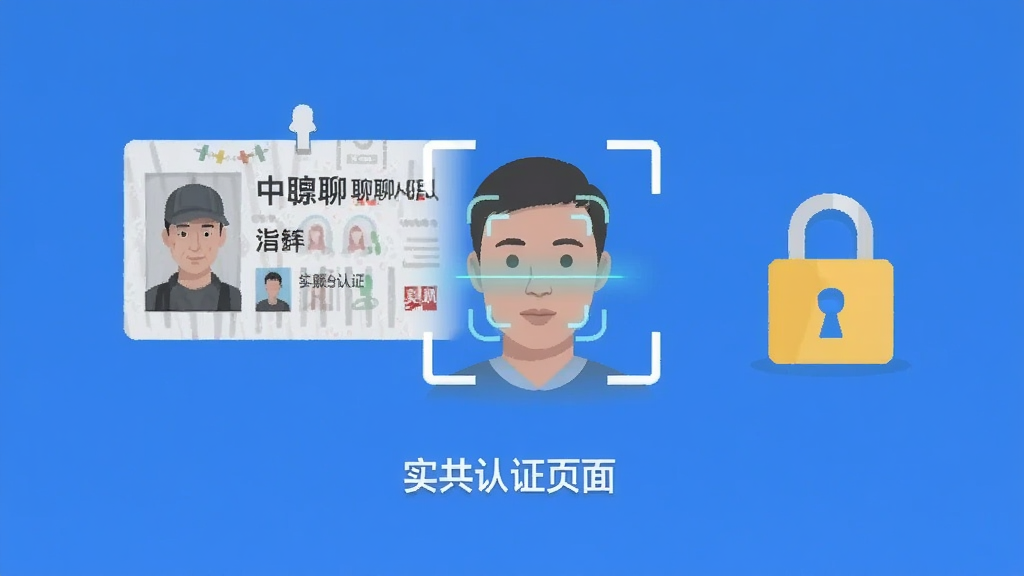 中年速聊 实名认证页面 展示 身份证识别框 人脸扫描动画 安全锁图标 蓝色背景 扁平化设计 简洁 高清