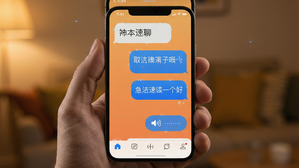 中年速聊 手机聊天界面 展示 大字体对话气泡 语音消息按钮 底部导航栏 暖色调背景 干净清爽 科技感 高质量 无多余元素