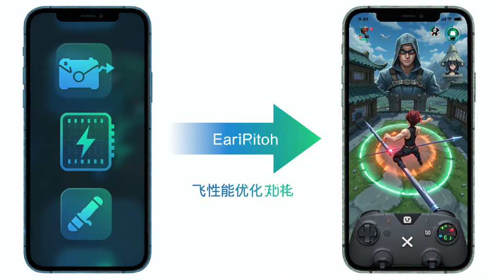 飞刀进化性能优化示意图,画面左侧为手机硬件配置图标,右侧为游戏流畅运行的画面,中间用箭头连接表示优化效果,整体风格简约科技感,色彩以蓝绿为主,画质清晰,干净无多余元素