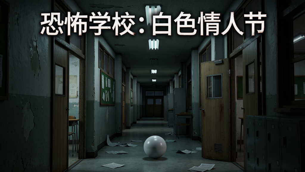 主体是一栋夜晚的韩国高中教学楼,走廊灯光昏暗闪烁,布局为纵向透视构图,排版上游戏标题“恐怖学校:白色情人节”位于画面正上方,风格为写实恐怖游戏海报风格,细节包括斑驳的墙壁、半开的教室门、地上散落的纸张和一只缓慢逼近的白色球体,画质清晰,干净,无多余元素