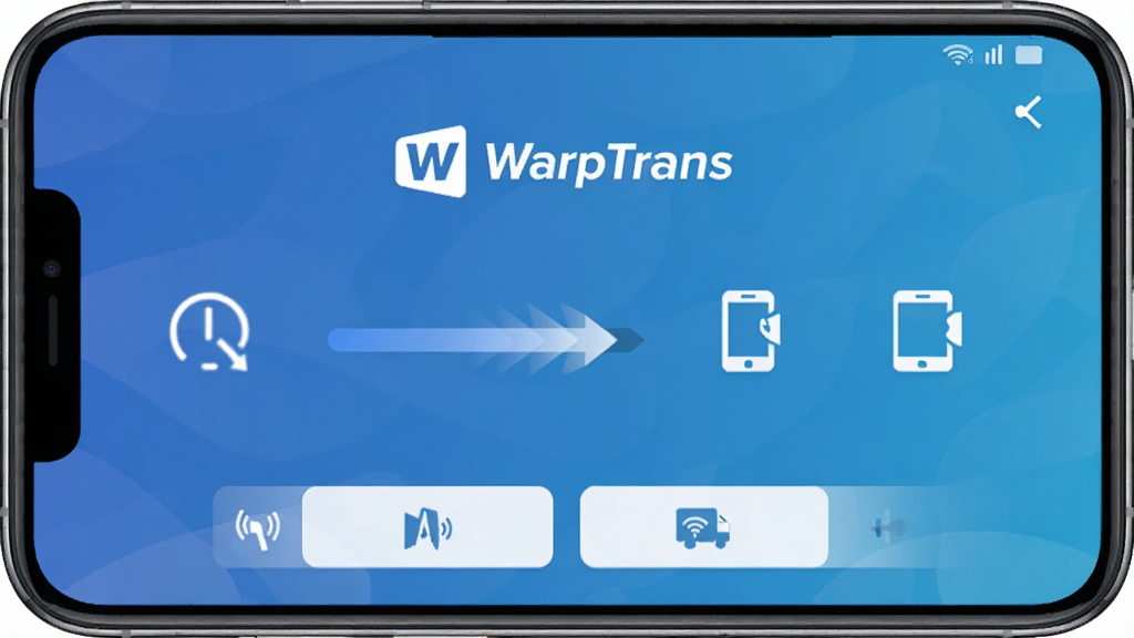 一张展示WarpTrans软件界面的图片,主体为手机屏幕显示WarpTrans应用主界面,布局为中央显示传输进度条和已连接设备图标,排版为上下结构上方为软件logo下方为功能按钮,风格为科技感扁平化设计,细节包括蓝色渐变背景、白色图标、传输箭头动画效果,画质高清干净无多余元素