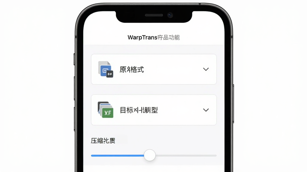 WarpTrans软件中图片格式转换功能界面,主体为手机屏幕显示格式转换选项,布局为中央显示原格式与目标格式下拉菜单,排版为纵向列表式,风格为清爽简约风,细节包括格式图标、转换箭头、压缩比例滑块,画质高清干净无多余元素