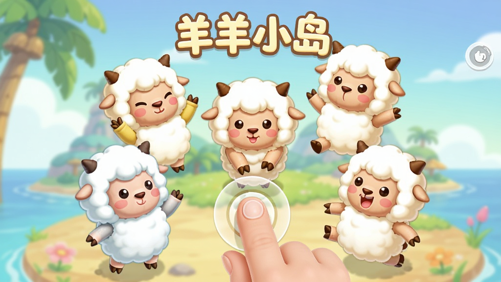 羊羊小岛角色互动界面,画面中几只不同颜色的小羊角色围绕在用户手指点击的位置,角色表情生动可爱,有的在挥手,有的在跳跃,背景是柔和的岛屿风景,画面采用圆润的卡通造型风格,色彩温暖明亮,排版居中,画质细腻干净,无多余元素,画面中带有