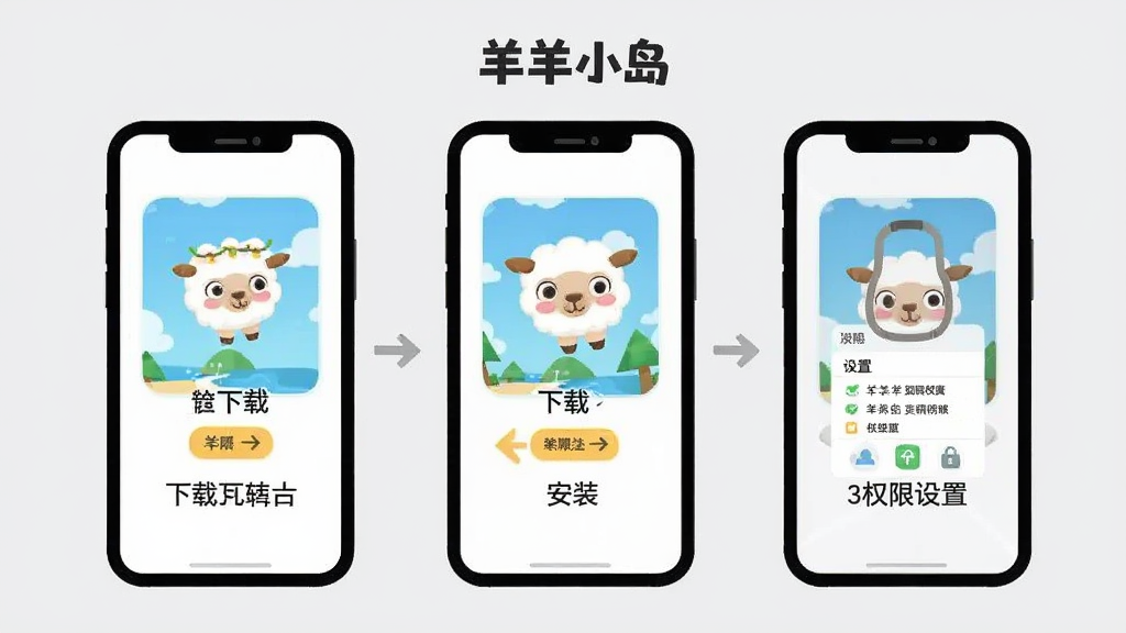 羊羊小岛移动端安装步骤示意图,画面以手机屏幕为主体,分步骤展示下载、安装、权限设置三个环节,每个步骤用简洁的图标和文字标注,背景为浅灰色,整体排版清晰,采用扁平化信息图风格,画质干净,无多余元素,画面中带有