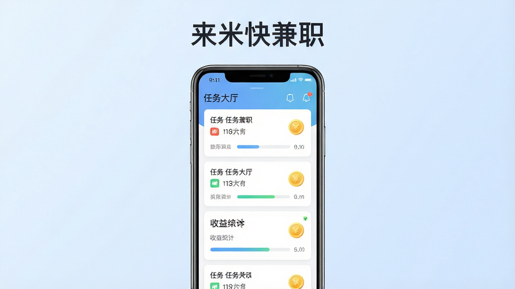 来米快兼职软件主界面展示,画面中央放置一部智能手机,屏幕内显示任务大厅列表与收益统计卡片,背景为浅蓝色渐变,顶部有“来米快兼职”文字标识,布局采用居中构图,风格简洁现代,细节包含任务卡片、金币图标、进度条,画质高清,干净,无多余元素