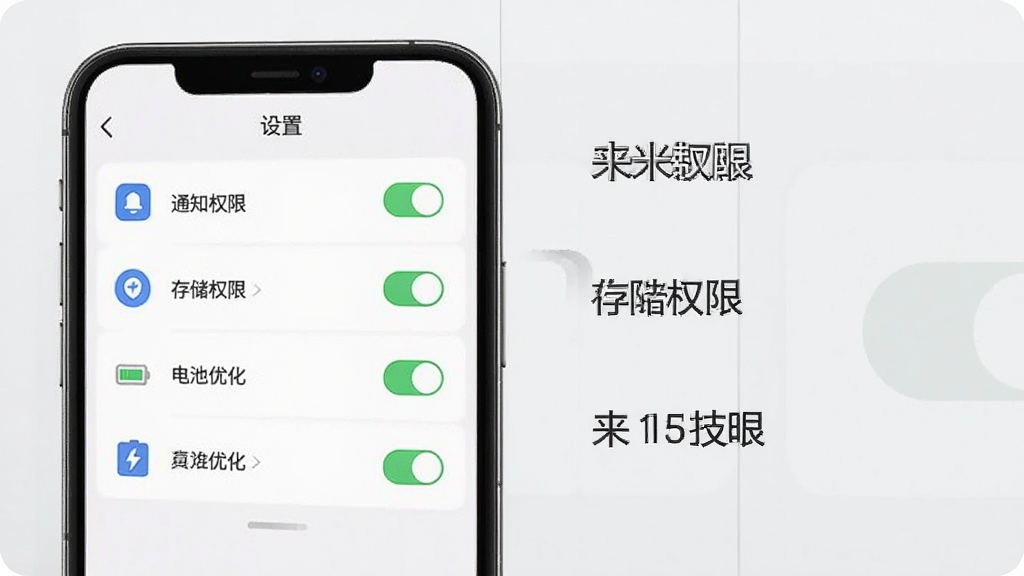 来米快兼职使用技巧示意图,画面展示手机屏幕内设置菜单与权限开关,背景为浅灰色,布局为左右分栏,左侧图标列表,右侧文字说明,风格简约实用,细节包含“通知权限”“存储权限”“电池优化”等文字,画质清晰,干净,无多余元素