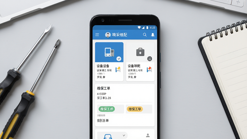 精采维配软件主界面预览图,画面中央展示一部安卓手机,手机屏幕上显示精采维配应用首页,包含设备列表卡片和维保工单状态标签,背景为浅灰色办公桌面,旁边摆放螺丝刀和记事本,整体风格简洁清爽,细节清晰,画质干净,无多余元素