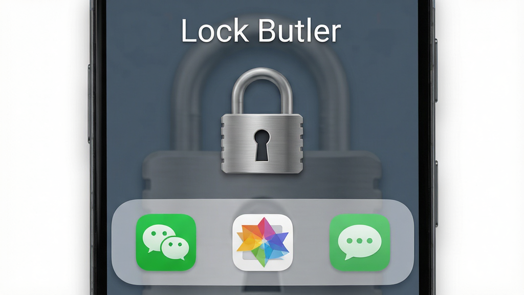 Lock Butler �ֻ�Ӧ�������棬����Ϊһ����׿�ֻ���Ļ����Ļ������ʾһ�ѽ����ʸе���ͷͼ�꣬��ͷ�·������ż�������Ӧ��ͼ����΢�š���ᡢ���ţ�ͼ�걻��͸�����ָ��ǣ����ּ�࣬�Ϸ��С�Lock Butler�����������Ϊ�ִ���ƽ���Ƽ��У�ϸ�ڰ��������Ӱ��Բ����ƣ������������ɾ����޶���Ԫ��