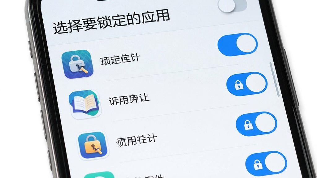Lock Butler Ӧ�ü������ý��棬����Ϊһ���ֻ�չʾӦ���б���ÿ��Ӧ���Ҳ���п��ذ�ť���ѿ�����Ӧ����ʾΪ��ɫ����״̬���б������С�ѡ��Ҫ������Ӧ�á����⣬����Ϊ��ֱ�б������Ϊ����ǳɫϵ��ϸ�ڰ���Ӧ��ͼ���뿪�ظ����������������ɾ����޶���Ԫ�أ�ͼƬ�����֡�Lock Butler��