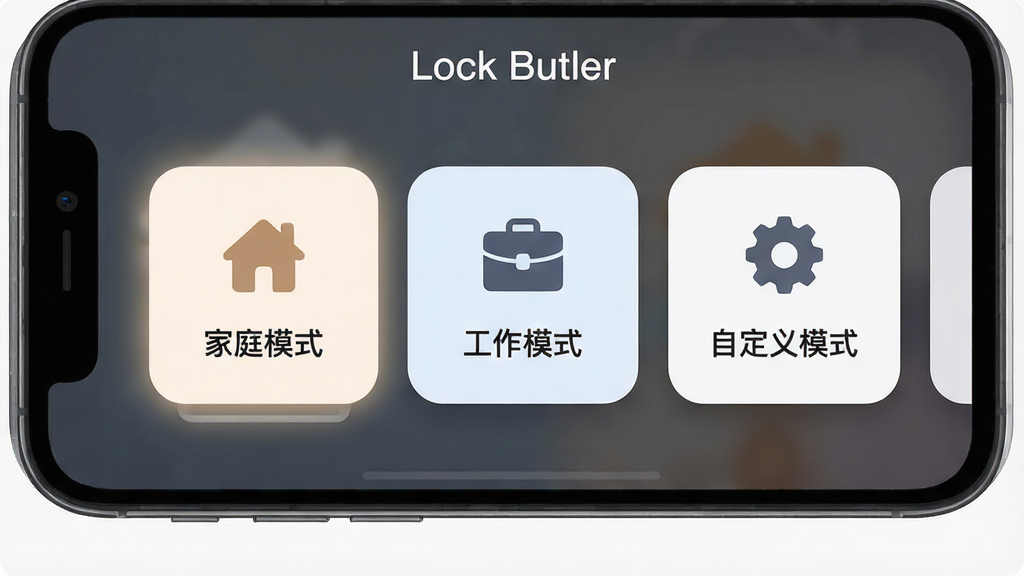 Lock Butler ����ģʽ�л����棬����Ϊ�ֻ���Ļ��ʾ����ģʽ��Ƭ���ֱ�Ϊ����ͥģʽ��������ģʽ�����Զ���ģʽ������Ƭ�ϴ��ж�Ӧͼ���緿�ӡ����İ������֣�����Ϊ���򻬶���Ƭ�����Ϊ���Բ����ƣ�ϸ�ڰ�����Ƭ��Ӱ��ѡ�и����������������ɾ����޶���Ԫ�أ�ͼƬ�����֡�Lock Butler��