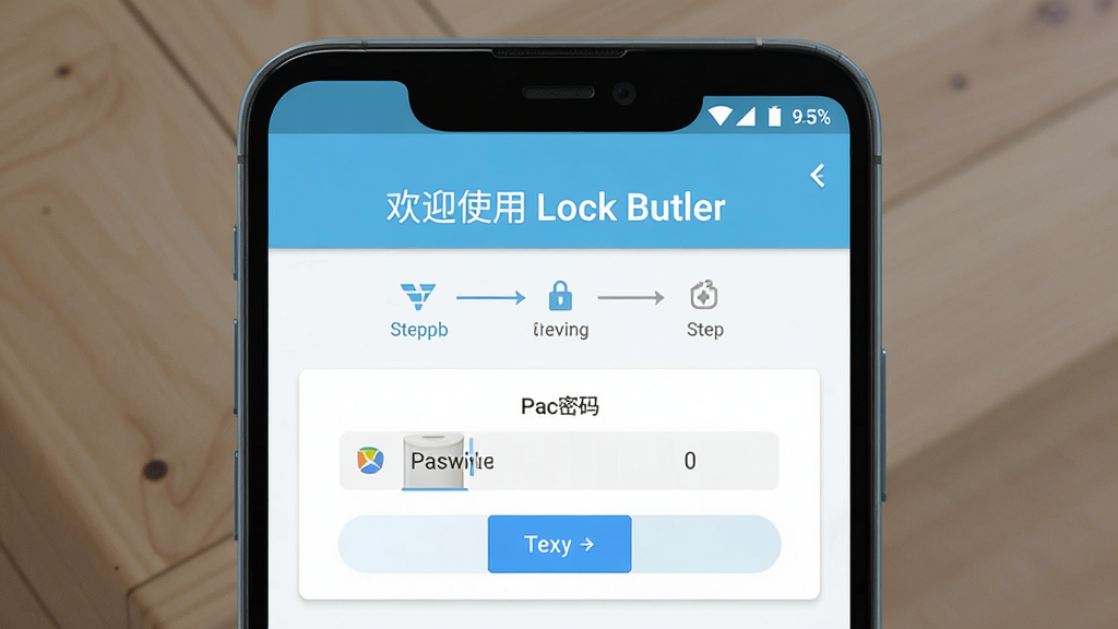 Lock Butler ʹ�ý̳�ʾ��ͼ������Ϊһ����׿�ֻ�չʾ������ҳ�棬ҳ�����Ϊ����ӭʹ�� Lock Butler�����·��в���ָʾ����ʾ��һ���������룬����Ϊ���п�Ƭʽ�����Ϊ����ǳɫ��ϸ�ڰ����������������һ����ť�������������ɾ����޶���Ԫ��