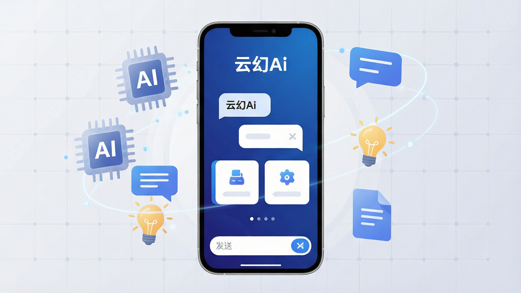 画面中央放置一部智能手机,手机屏幕显示“云幻Ai”应用主界面,界面采用深蓝与白色渐变配色,顶部有“云幻Ai”文字标识,中部为对话气泡与功能卡片排列,底部为输入框与发送按钮。手机周围环绕半透明的AI芯片、对话气泡、灯泡、文档图标等元素,背景为浅灰色科技感网格。整体排版为居中构图,手机略向前倾,屏幕内容清晰可见。风格为现代扁平科技风,细节包括屏幕内文字“云幻Ai”清晰锐利、图标边缘干净。画质为高清4K,画面干净,无多余元素。