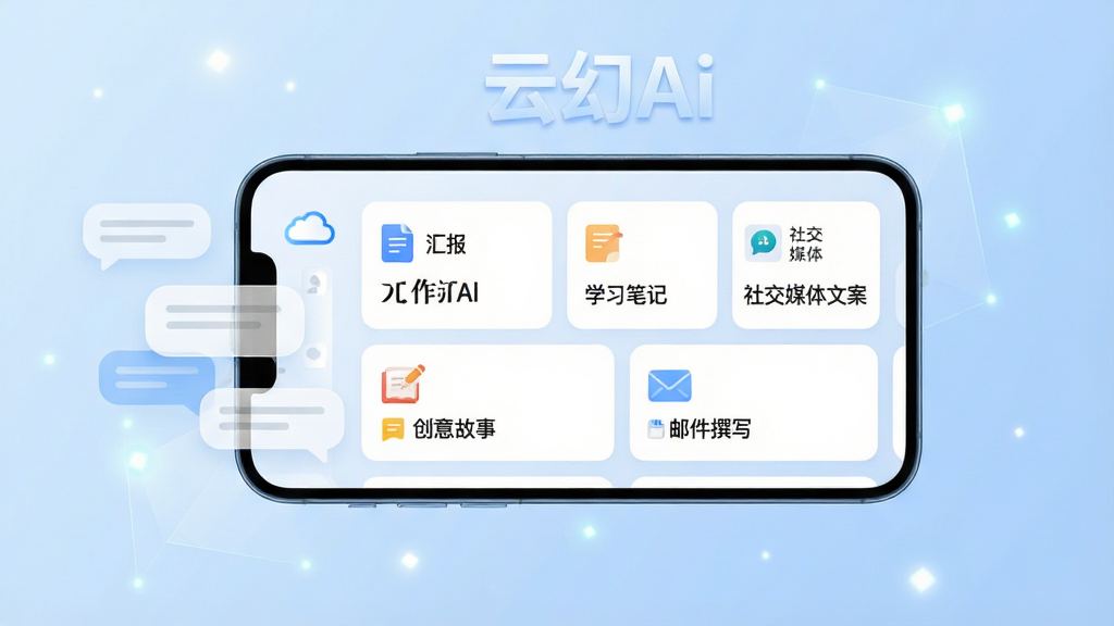 画面中央为一部横向放置的手机,手机屏幕显示“云幻Ai”的模板库界面,界面上排列着“工作汇报”“学习笔记”“社交媒体文案”“创意故事”“邮件撰写”等卡片,卡片带有简洁图标。手机左侧漂浮几个对话气泡,气泡内隐约可见文字线条。背景为浅蓝色渐变,带有细微的几何光斑。排版为手机居中,卡片整齐排列。风格为清新简约科技风,细节包括卡片圆角、图标清晰、屏幕内文字“云幻Ai”醒目。画质为高清4K,画面干净,无多余元素。