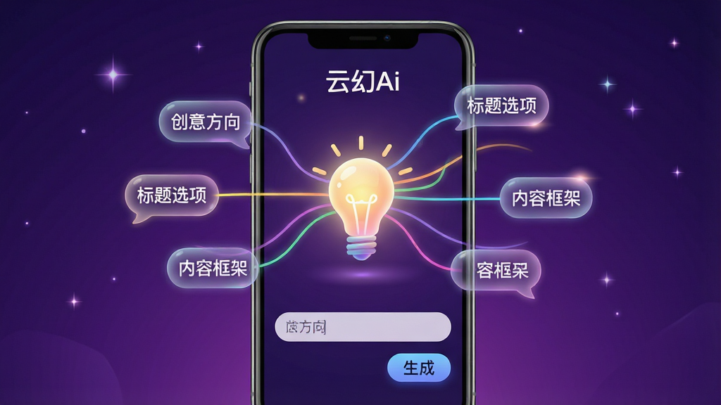 画面中央展示一部手机,屏幕显示“云幻Ai”的灵感激发界面,界面中央有一个发光的灯泡图标,周围放射出多条彩色线条连接着不同的文字气泡,气泡内隐约可见“创意方向”“标题选项”“内容框架”等字样。手机下方有输入框和“生成”按钮。背景为深紫色渐变,带有星光点缀。排版为手机居中,灯泡为视觉焦点。风格为梦幻科技风,细节包括发光效果柔和、文字气泡半透明、屏幕内“云幻Ai”标识清晰。画质为高清4K,画面干净,无多余元素。