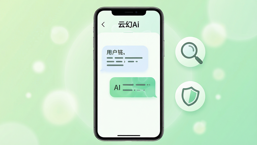 画面中央展示一部手机,手机屏幕显示“云幻Ai”的问答界面,界面中有两个对话气泡,上方气泡为用户提问,下方气泡为AI回答,气泡内文字以线条示意。手机右侧漂浮一个放大镜图标和盾牌图标。背景为浅绿色渐变,带有柔和的圆形光斑。排版为手机居中,图标点缀在侧边。风格为清新安全风,细节包括气泡圆角、图标简洁、屏幕内“云幻Ai”标识清晰。画质为高清4K,画面干净,无多余元素。